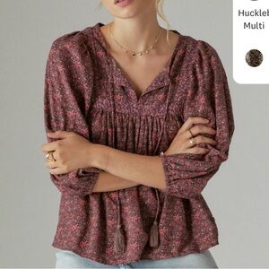 ‘Huckleberry Multi’ Mixed Floral Print Peasant Blouse with Tassels | Size Large